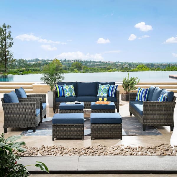 OVIOS Positano Gray 8-Piece Wicker Patio Conversation Set with Denim Blue Cushions