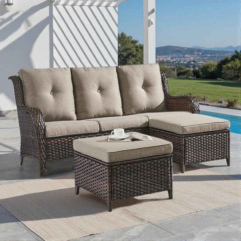 Brown 3-Piece Wicker Outdoor Patio Seating Conversation Set Sectional Sofa and Ottoman with Gray Cushions price history on PriceWatchPro