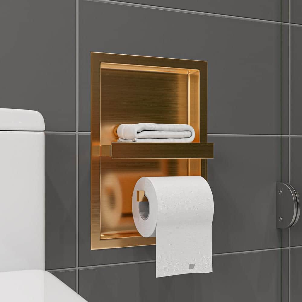 Brushed Gold Stainless Steel Wall-Mounted Toilet Paper Holder with Shelf