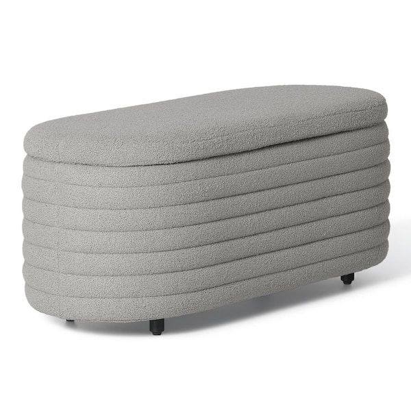 WESTINFURNITURE Bayville 42 in. Wide Oval Sherpa Upholstered Entryway Flip Top Storage Bedroom Accent Bench in Light Gray