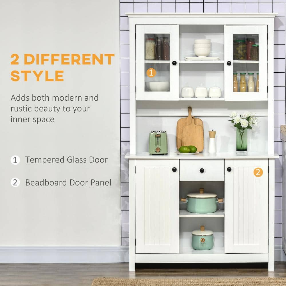 White Painted Freestanding Kitchen Buffet with Hutch and Shelves