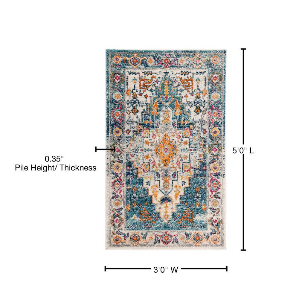 Ivory and Turquoise Rectangular Synthetic Area Rug, 3' x 5'