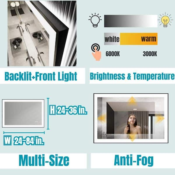 55 in. W x 30 in. H Rectangular Framed Anti-Fog LED Wall Bathroom Vanity Mirror in Black with Backlit and Front Light