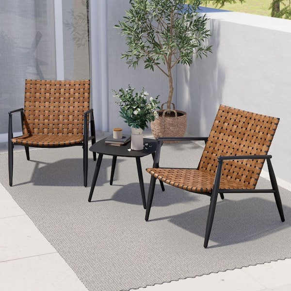 Yangming Outdoor 3-Piece Wicker Patio Furniture Set, Leather-Look Bistro Set with Side Table for Garden Backyard Balcony (Brown)