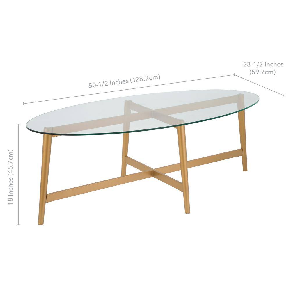 Elliptical Brass and Glass X-Base Coffee Table