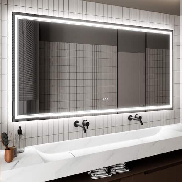 WELLFOR 84 in. W x 40 in. H Rectangular Frameless Dimmable Anti-Fog Wall Bathroom Vanity Mirror in Silver