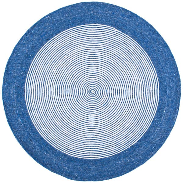 SAFAVIEH Braided Navy Ivory 5 ft. x 5 ft. Border Striped Round Area Rug