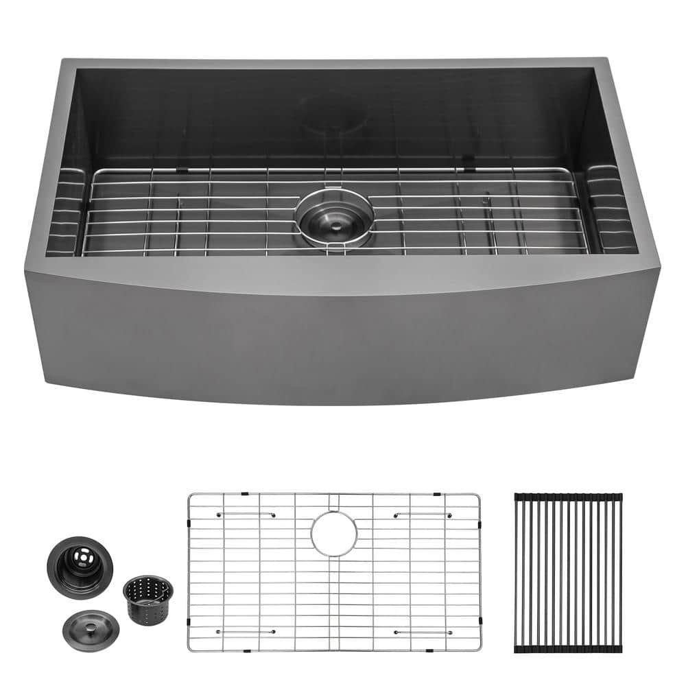 Gunmetal Black Apron Front 33 in. x 21 in. Stainless Steel Single Bowl Farmhouse Kitchen Sink with Sink Grid -  LORDEAR, L-3321-GA