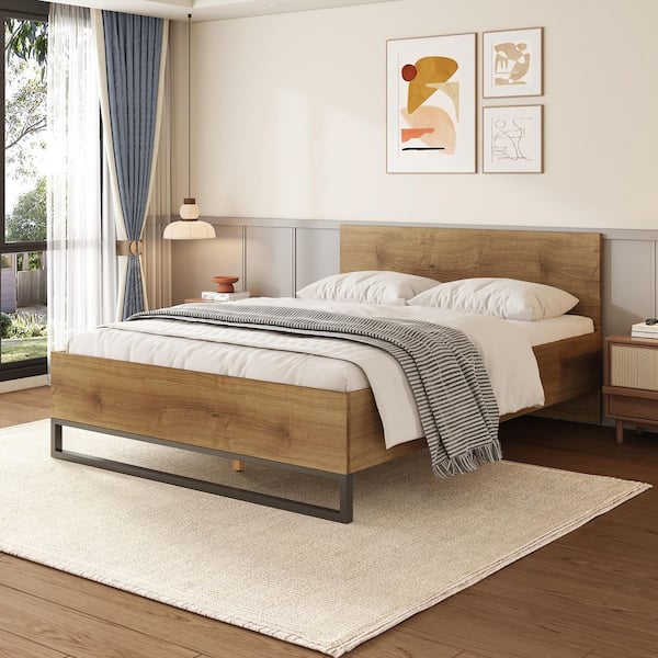 Eden Brown Natural Finish Wood Frame Queen Size Platform Bed with Headboard, Black Metal Leg, Wooden Slat Support