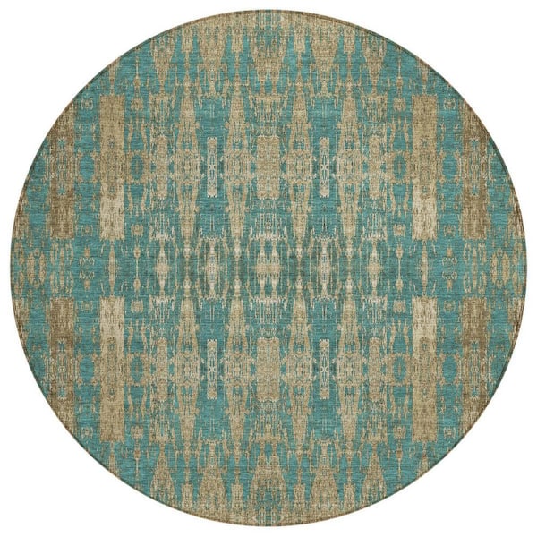 Teal Blue, Taupe, Beige 8 ft. Round Woven Moroccan Polyester Round Indoor/Outdoor Area Rug