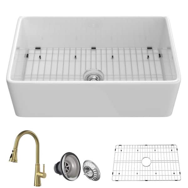 Flynama White Fireclay 36 in. Single Bowl Farmhouse Apron Kitchen Sink with Brushed Gold Faucet