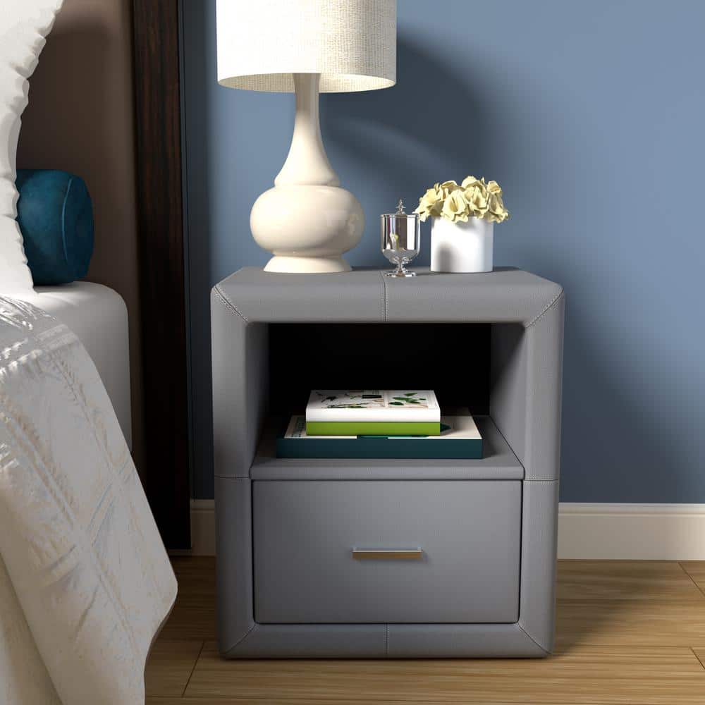 Lombardi Upholstered 1-Drawer Nightstand with Storage Shelf, Gray Faux Leat