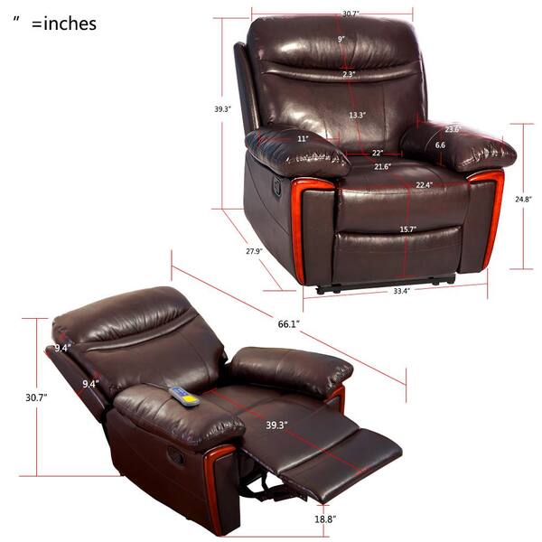 Massage Recliner PU Leather Sofa Chair for Elderly, Padded Seat Cushions  Chair with Heating and Massage Vibrating Function, Reclines to 150 Degrees,  Extending Footrest, Brown 