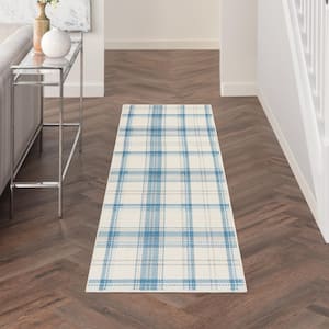 Grafix Ivory Blue 2 ft. x 8 ft. Plaid Contemporary Runner Area Rug