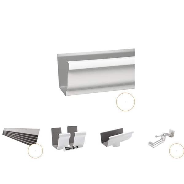 5 in. White K-Style Gutter, Hanger, End with Drop Outlet, Seamers (2-Pack) and 3 ft. Hoover Dam Guard Kit