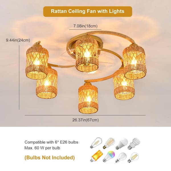 26 in. Indoor Gold Handwoven Farmhouse Reversible 6-Speed Flush Mount with Light Kit and Remote Included for Living Room