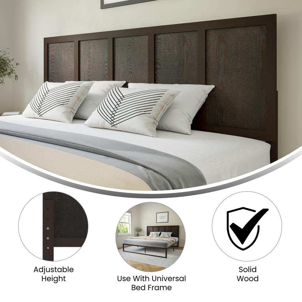 King Dark Brown Solid Wood and Metal Paneled Headboard