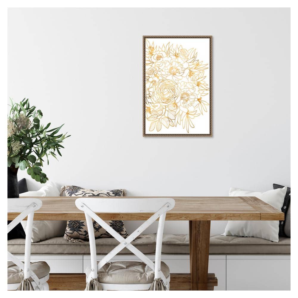 Gold Botanical-Inspired Floral Canvas Print with Beaded Frame