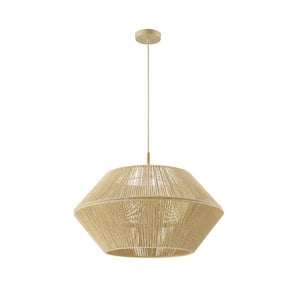 Terra 1-Light Wood Toned Pendant-Light with Beige Paper Twine Shade