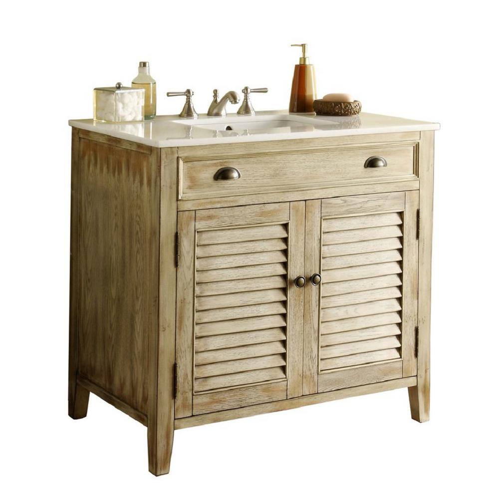 Palm Beach 36 in. W x 21.75 in. D Vanity in Distressed Beige with Marble Vanity Top in White