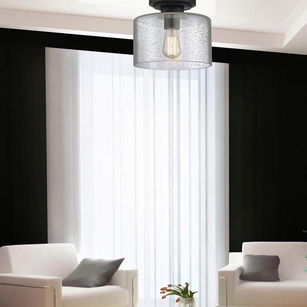 Logan 10'' Matte Black Semi-Flush Mount with Clear Seedy Glass