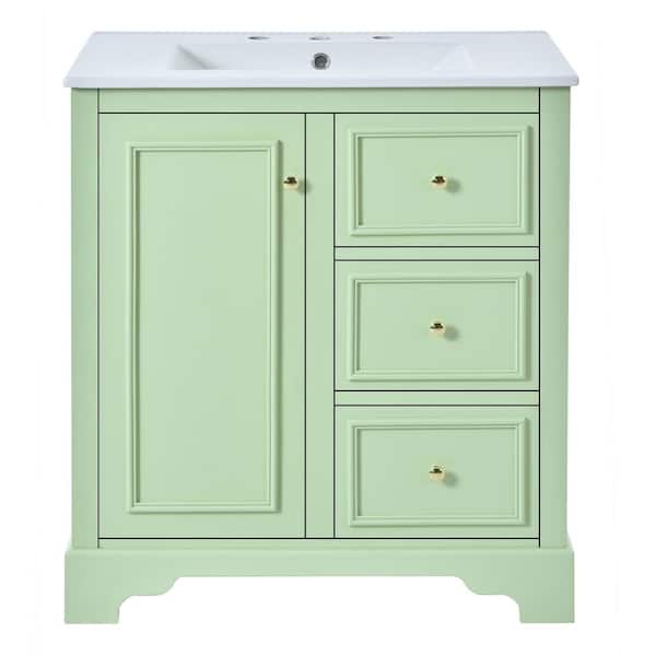 30 in. W x 18.5 in. D x 33.7 in. H Single Sink Bath Vanity in Green with White Ceramic Top and 3-Drawers