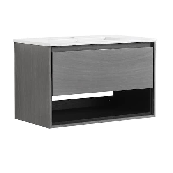 Logmey 32 in. W x 18 in. D x 20 in. H Bath Vanity in Grey Ebony with White Ceramic Top and Soft Close Drawer