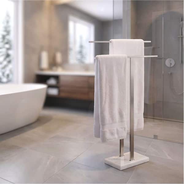 Bathroom Freestanding Towel Rack 2-Tier 33 in. H with Marble Base 18/8 Stainless Steel in Brushed Nickel