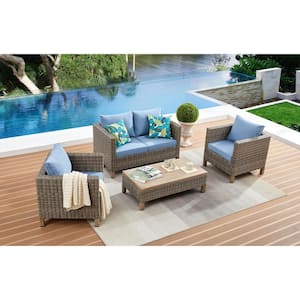 4-Piece Wicker Patio Conversation Set with Blue Cushions