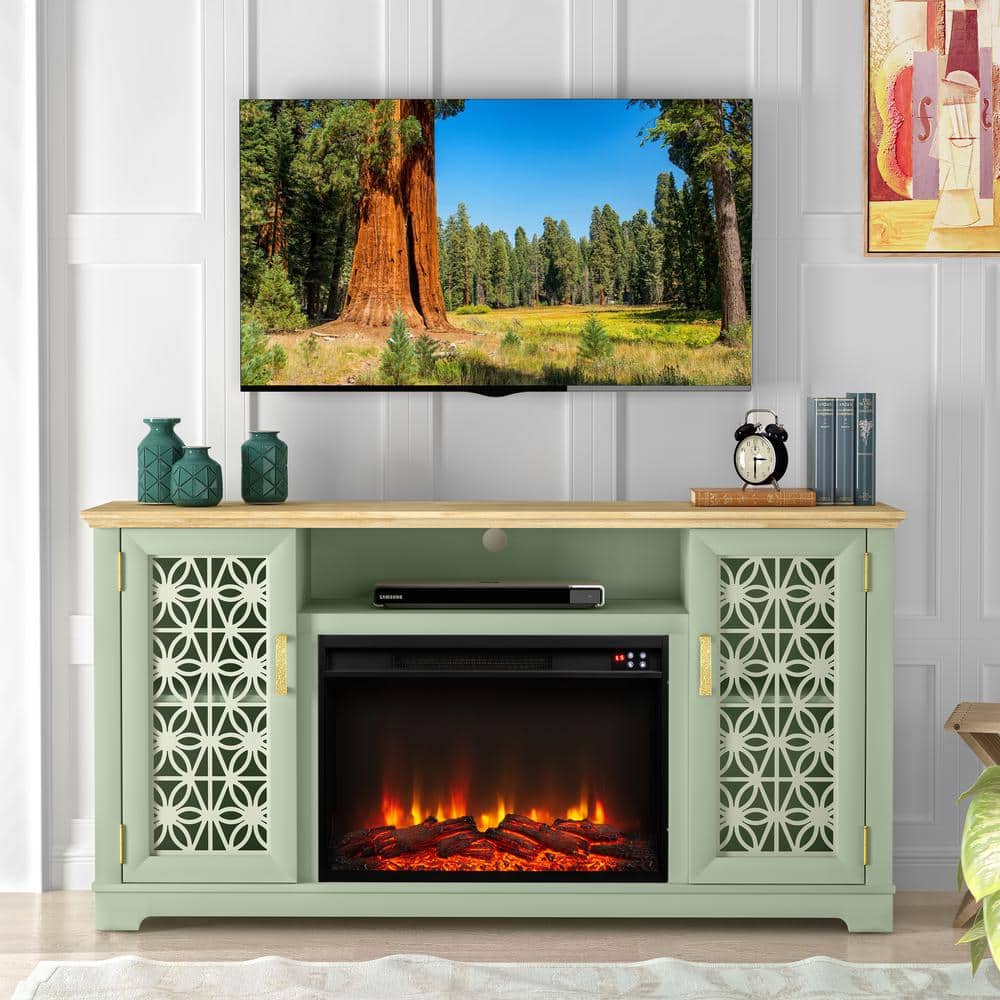 60 in. Freestanding Wooden Electric Fireplace TV Stand in Green for TVS Up to 65 in