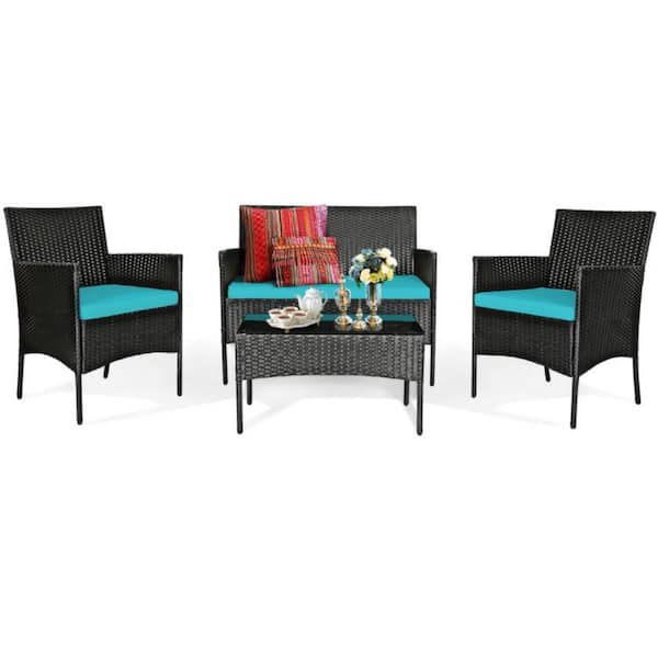 Clihome 4-Piece Wicker Patio Conversation Set Rattan Sofa Furniture Set with Turquoise Cushions and Tempered Glass Coffee Table