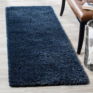 California Shag Navy 2 ft. x 7 ft. Solid Runner Rug