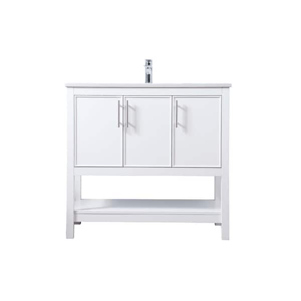 36 in. W x 19 in. D x 34 in. H Bath Vanity in White with Calacatta White Engineered Marble Top