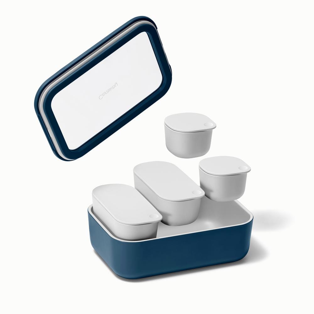 Caraway Home 17pc Food Storage Set Navy: Ceramic-Coated Glass Containers, Oven & Microwave Safe, 1 Year Warranty