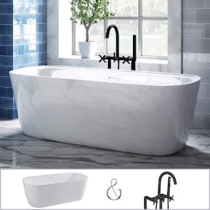 63 in. Acrylic Freestanding Flatbottom Bathtub with Accessory Shelf Combo Tub and Drain in White, Faucet in Matte Black