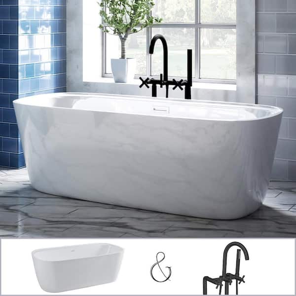 PELHAM & WHITE Bayberry 63 in. Acrylic Oval Freestanding Bathtub in White, Floor-Mount Cross-Handle Faucet in Matte Black
