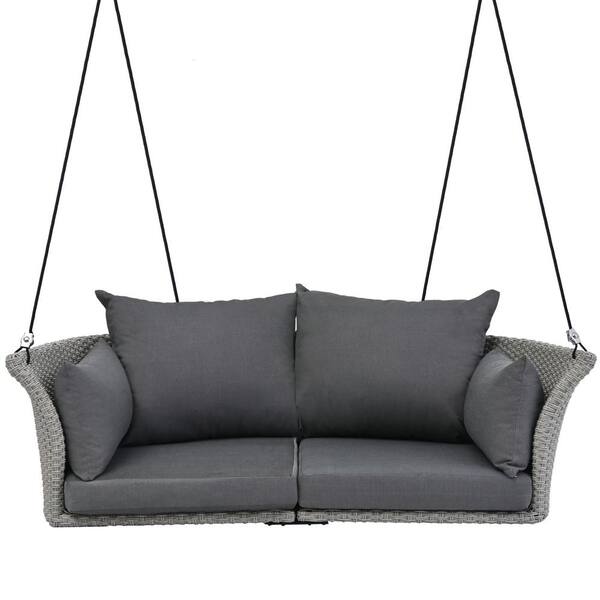 Siavonce 51.9 in. 2-Person Hanging Seat, Rattan Woven Swing Chair, Porch Swing with Ropes, Gray Wicker and Cushion