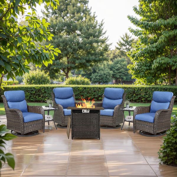 Gymojoy Carolina 7-Piece Brown Wicker Swivel Chairs Set with Fire Pit Table, Thick Blue Cushions