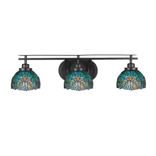 Unbranded Monroe 28.75 in. 3-Light Matte Black Vanity Light 7 in. Turquoise Cypress Art Glass Shade no Bulbs Included