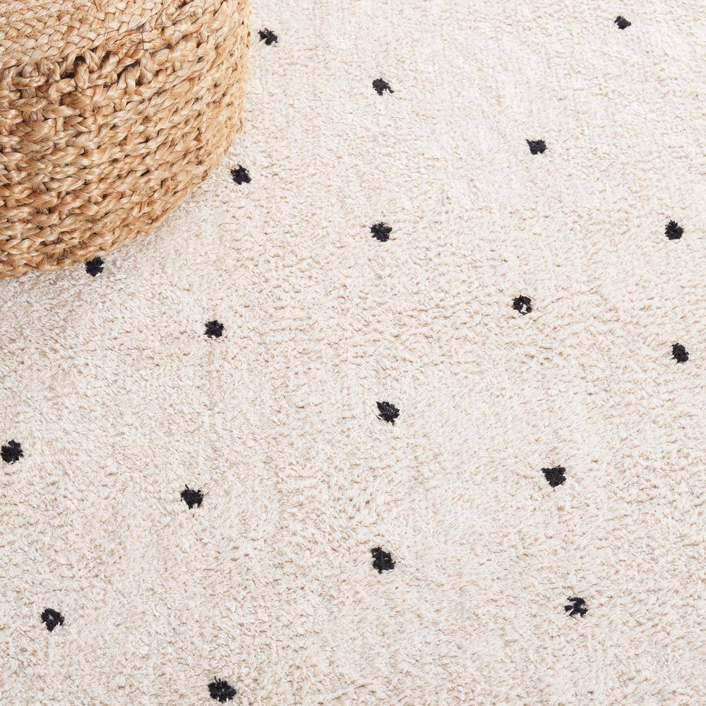 Ivory and Black Cotton Polka Dot Washable Square Rug, 6' x 6'