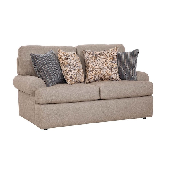 American Furniture Classics Nostalgia Series 69 in. Putty Solid Fabric 2-Seater Loveseat with Rounded Arms and 4-Accent Pillows
