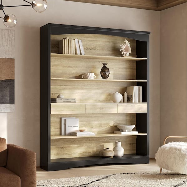 78.74 in. Tall Black and Oak Wood 5-Shelf Curved Top Bookcase with Storage Drawers, Open Display Shelves,Two-Tone Finish