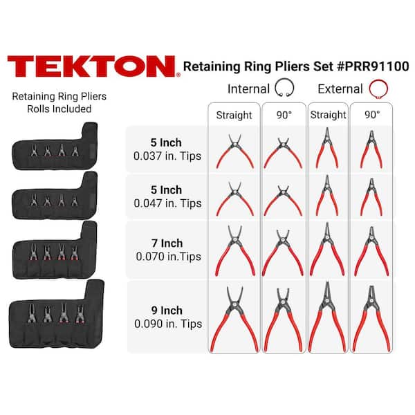 5,7, 9 in. Internal and External Retaining Ring Pliers Set with Pouch, 16-Piece (0.037,0.047,0.070,0.090 in. Tips)