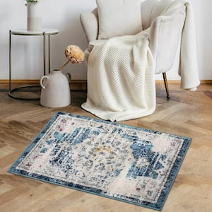 Vintage Low Pile Non-Shedding Distressed Mat in Blue 2 ft. x 3 ft. Boho Medallion Area Rugs Rectangle