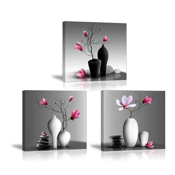Unbranded 3-Piece 20 x 20 in. Waterproof Orchid and Magnolia Canvas Wall Art for Bathroom/Hallway, Ready to Hang
