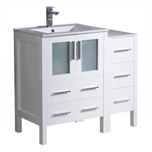 Torino 36 in. Bath Vanity in White with Ceramic Vanity Top in White with White Basin and 1 Side Cabinet