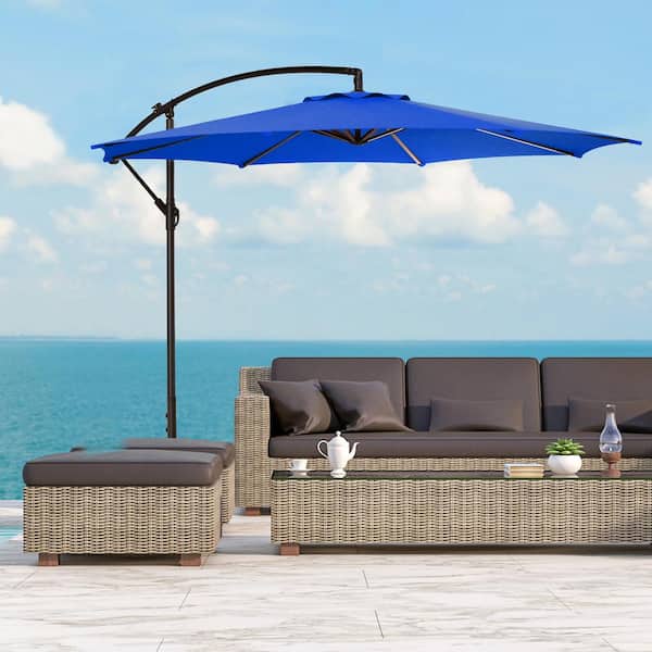 Bayshore Outdoor 10 ft. Hanging Offset Cantilever Patio Umbrella with Easy Crank Lift and Cross Base in Royal Blue