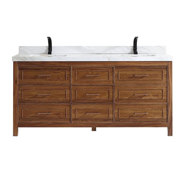 Luxury Ebony Series 72 in. 1 Freestanding Light Brown Finish Bath Vanity with 2 in. White Natural Marble Top Assembled