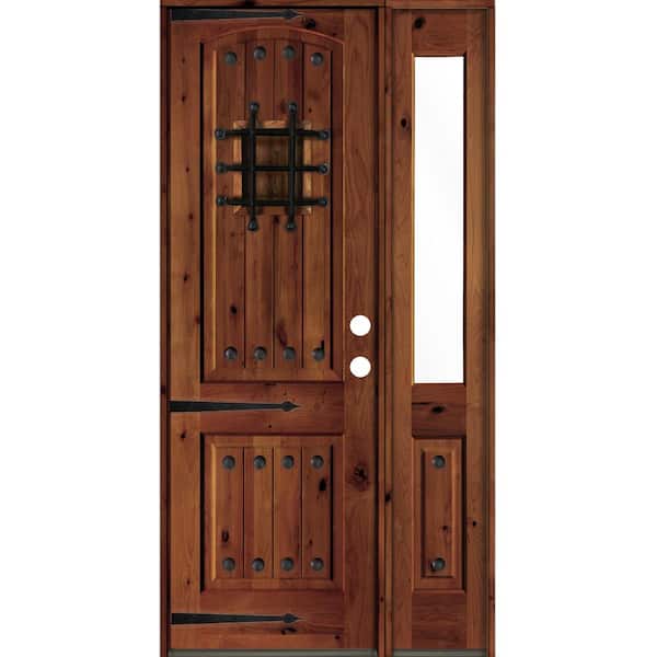 Krosswood Doors 44 in. x 96 in. Medit. Knotty Alder Left-Hand/Inswing Clear Glass Red Chestnut Stain Wood Prehung Front Door w/RHSL
