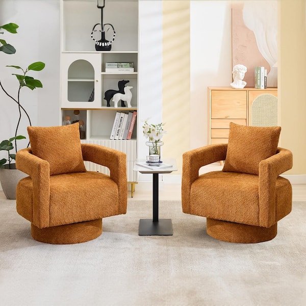 Modern Circle Chenille Boucle Farbic Brown Swivel Accent Arm Chair, Reading Chair for Bedroom Living Room(set of 2)